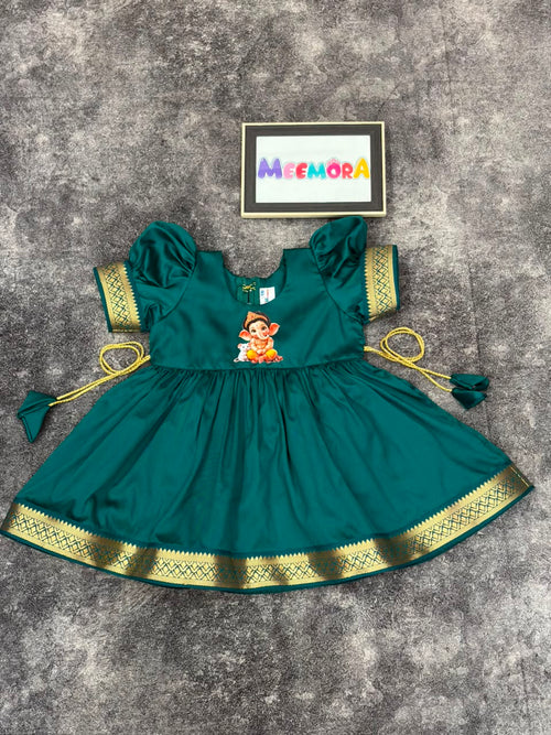 Rama Paithani Border Ganpati Soft Silk Frock for Girls