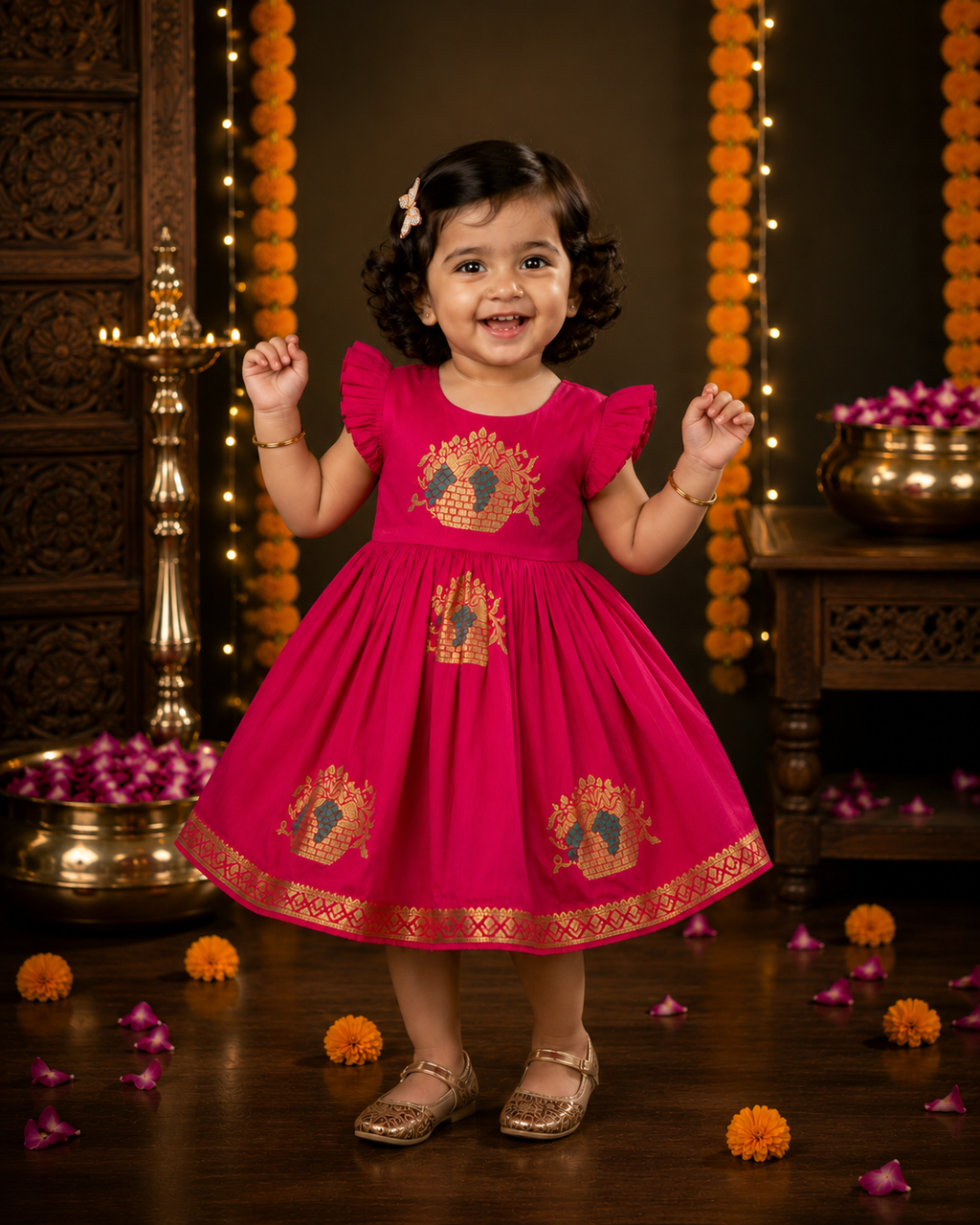 Rani Pink Soft Silk Zari Motif Frock for Baby Girl