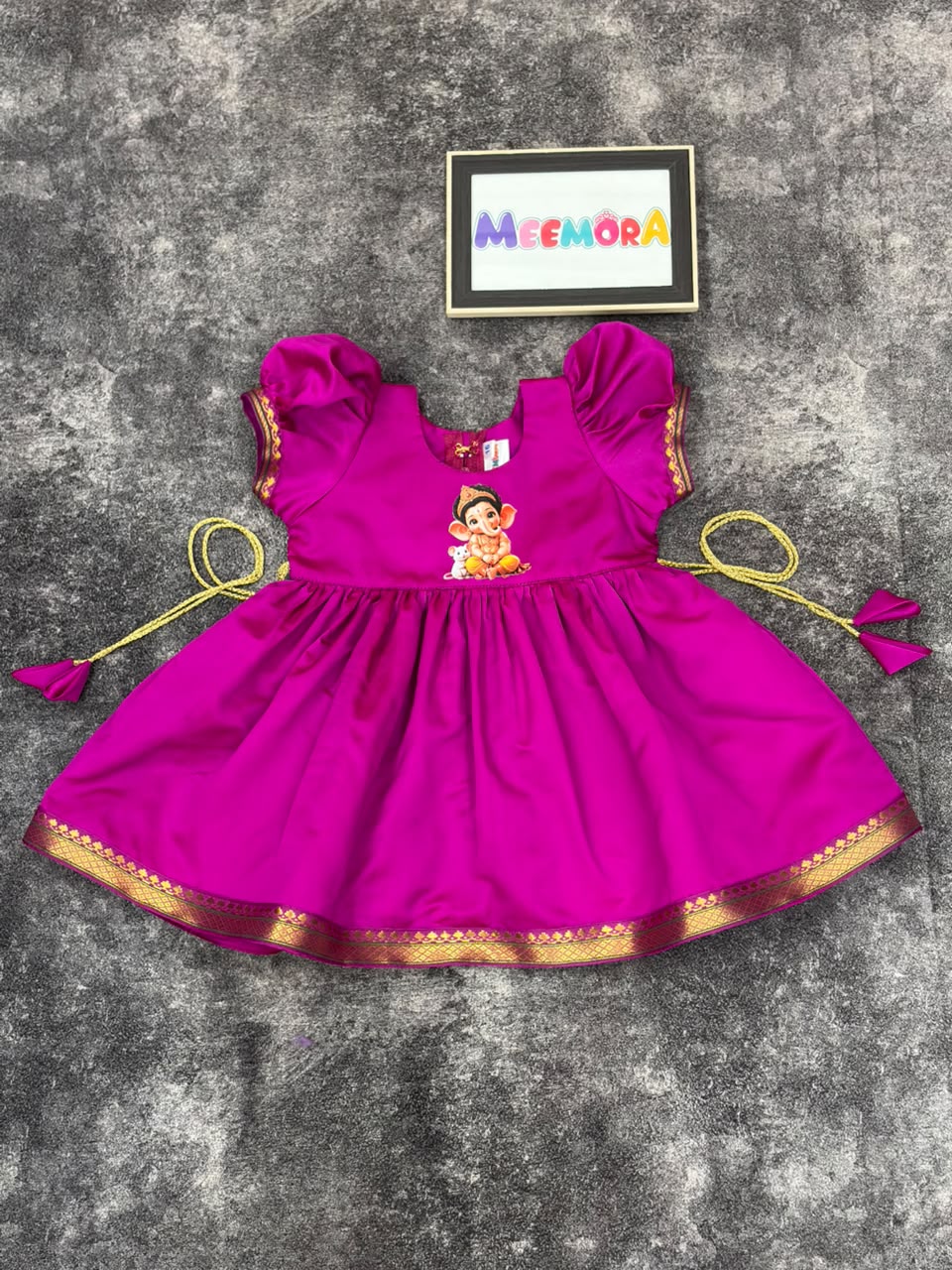 Rani Pink Paithani Border Ganpati Soft Silk Frock for Girls