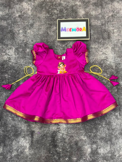 Rani Pink Paithani Border Ganpati Soft Silk Frock for Girls