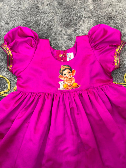 Rani Pink Paithani Border Ganpati Soft Silk Frock for Girls