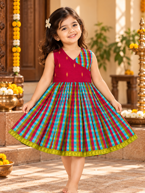 Rani Checks Pattu Raw Silk Frock for Girls | 0–8 Years