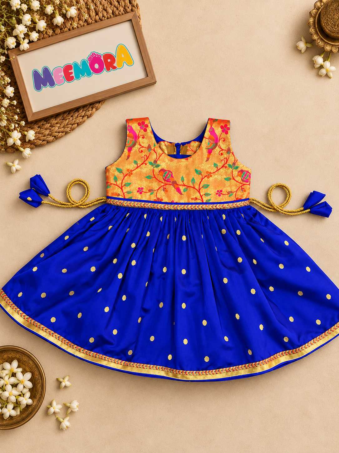 Royal Blue Paithani Golden Zari Frock for Girls | 0-8Yr