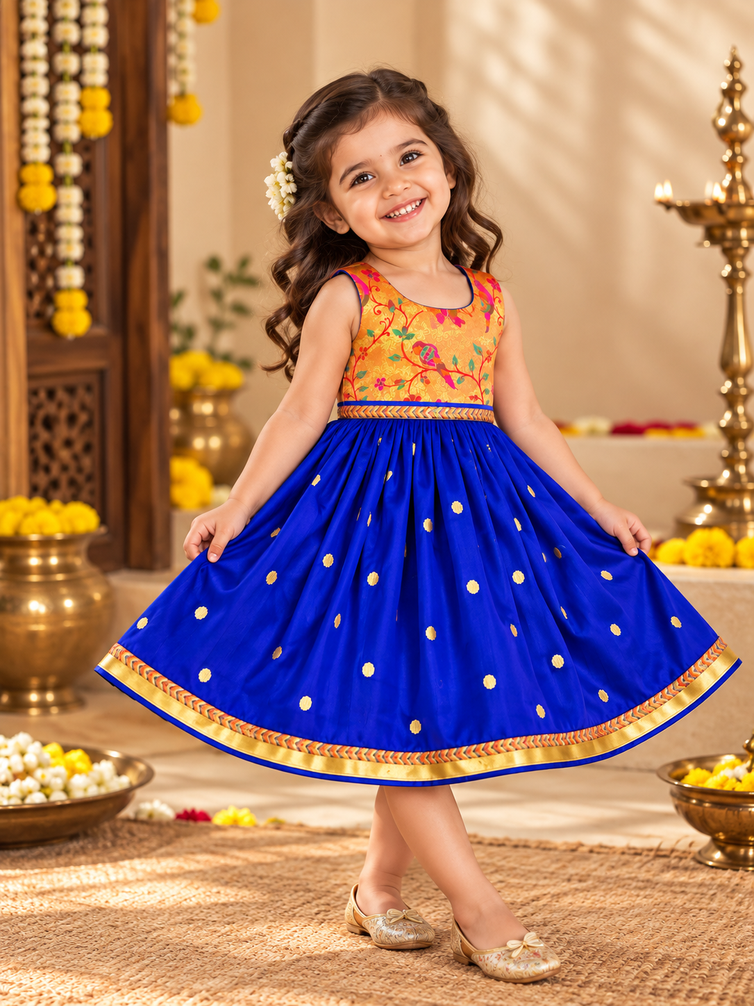 Royal Blue Paithani Golden Zari Frock for Girls | 0-8Yr