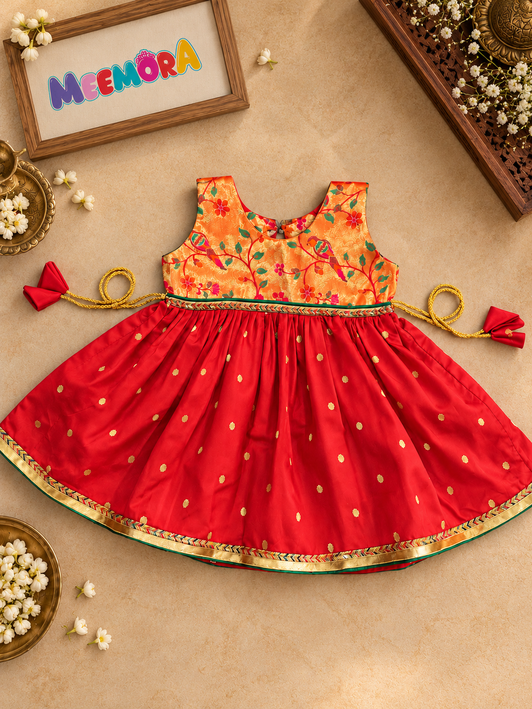Red Paithani Golden Zari Frock for Girls | 0-8Yr