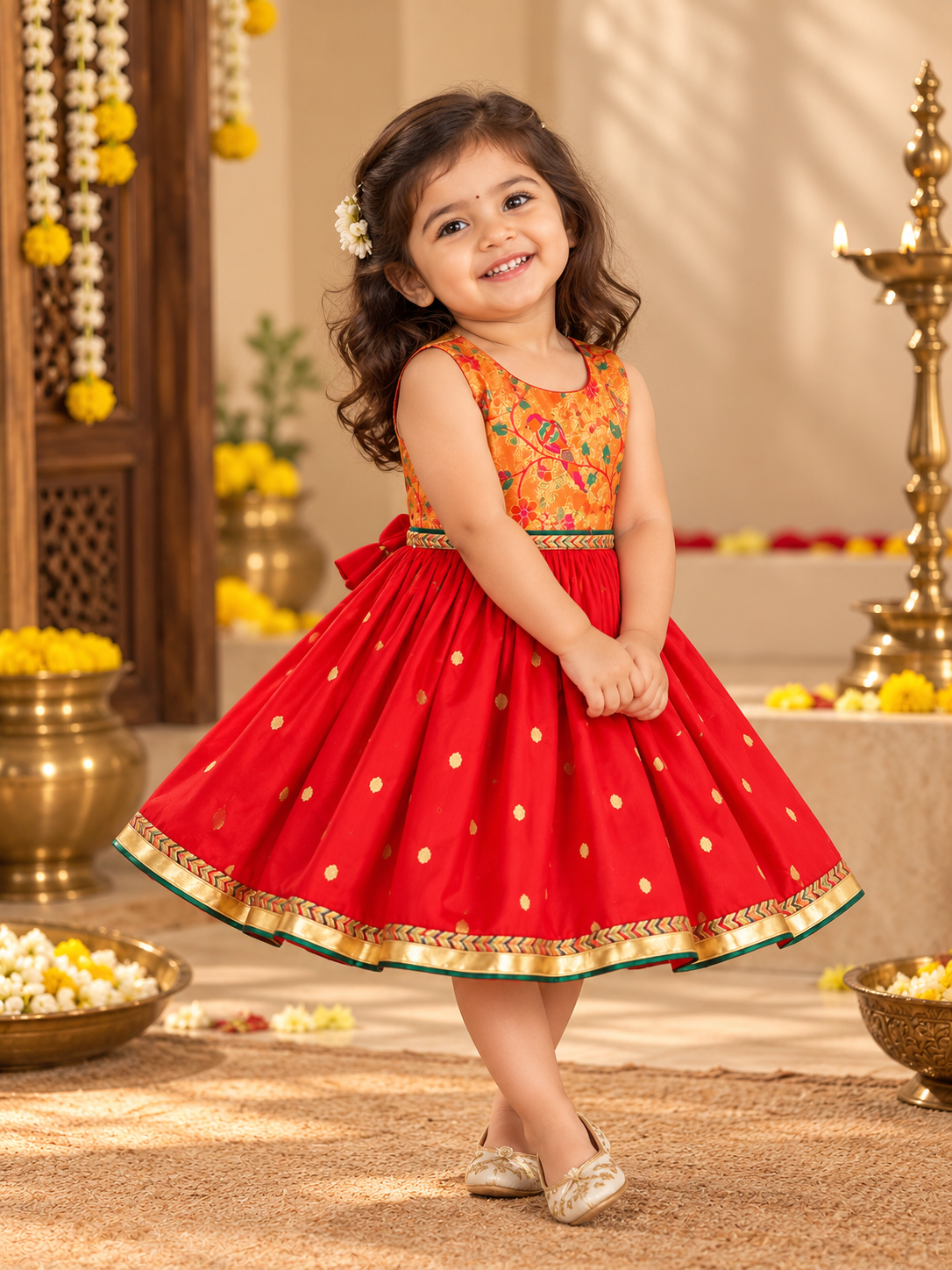 Red Paithani Golden Zari Frock for Girls | 0-8Yr