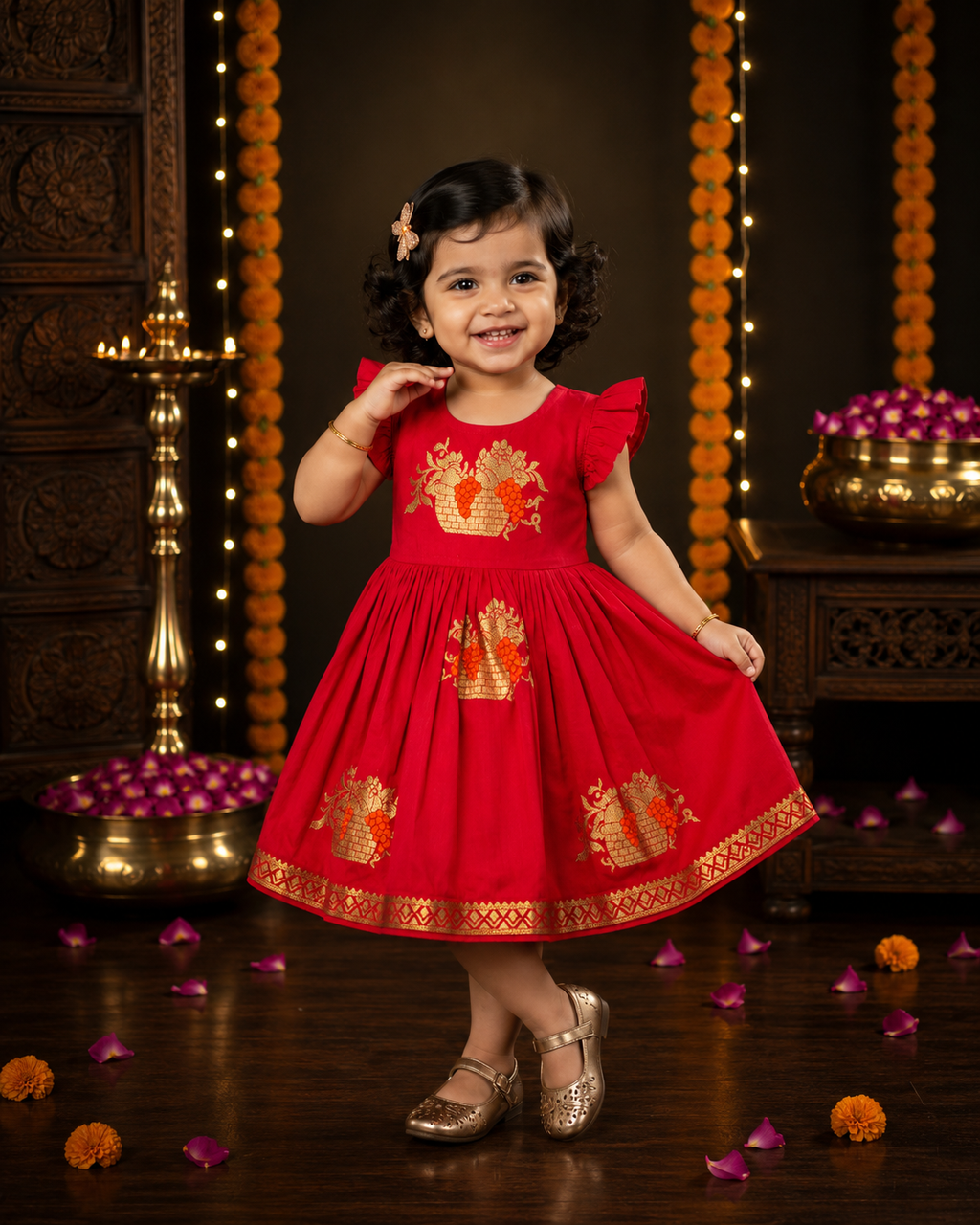 Red Soft Silk Zari Motif Frock for Baby Girl