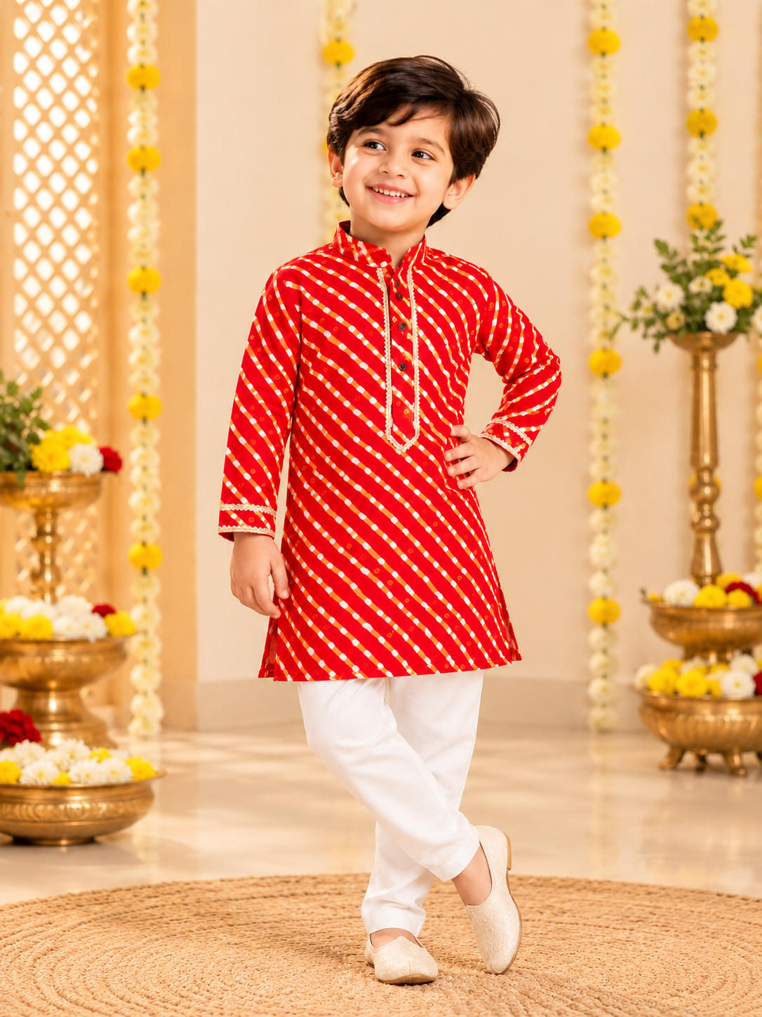 Red Lehriya Cotton Kurta Pajama for Boys | 0-7 Years