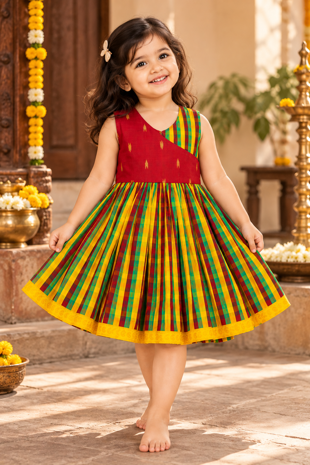 Red Checks Pattu Raw Silk Frock for Girls | 0–8 Years
