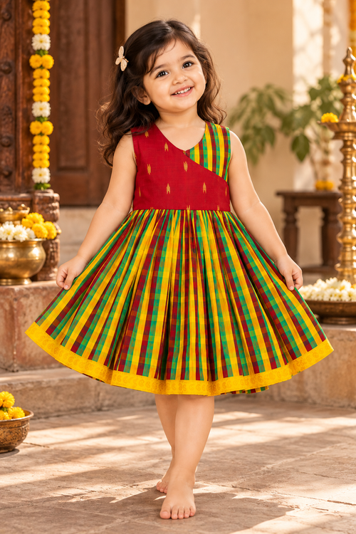 Red Checks Pattu Raw Silk Frock for Girls | 0–8 Years