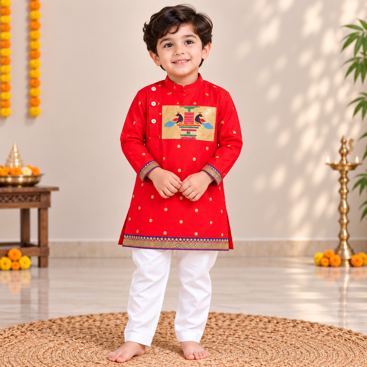 Red Paithani Silk Kurta Pajama for Boys