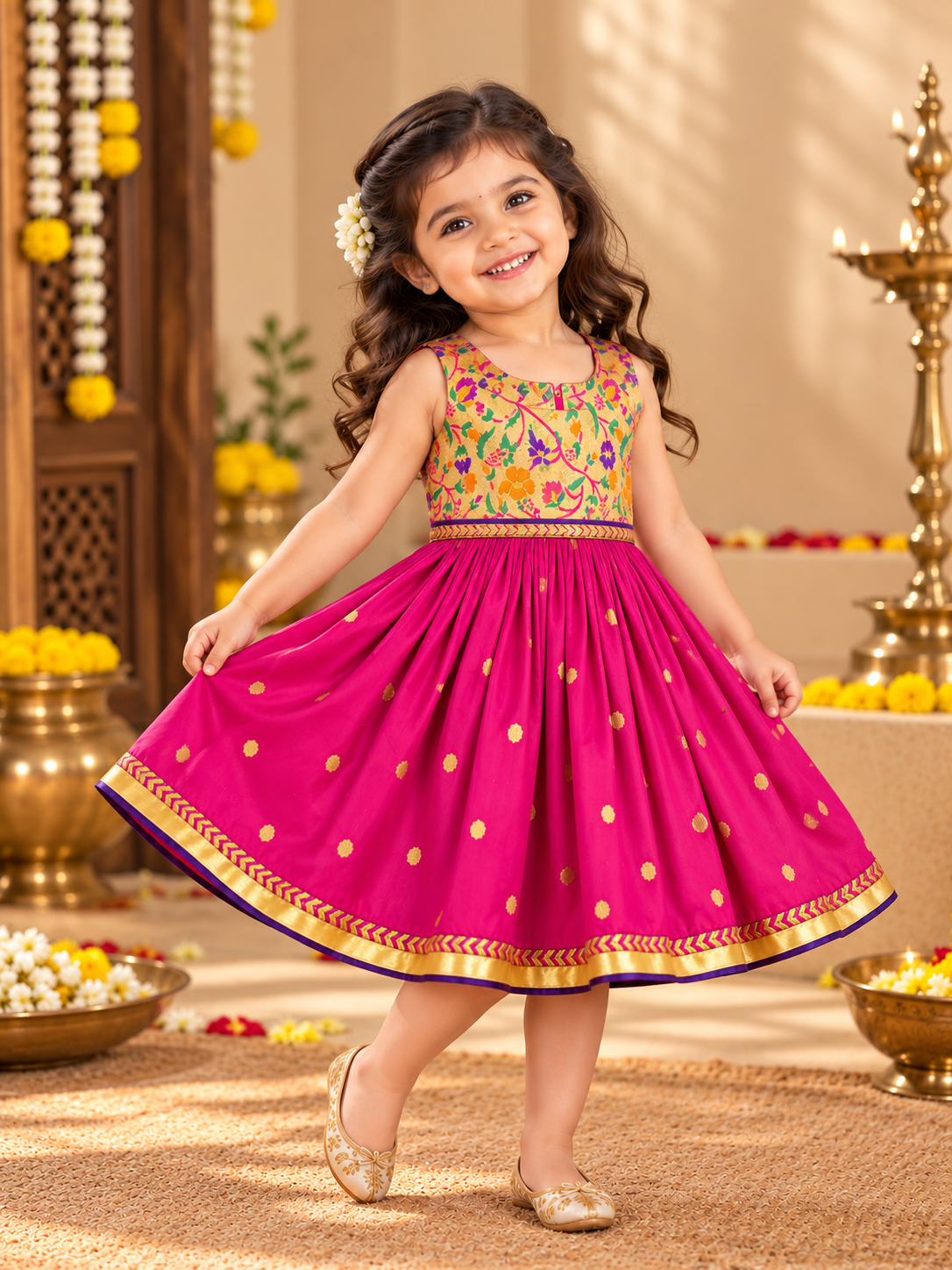 Rani Paithani Golden Zari Frock for Girls | 0-5Yr