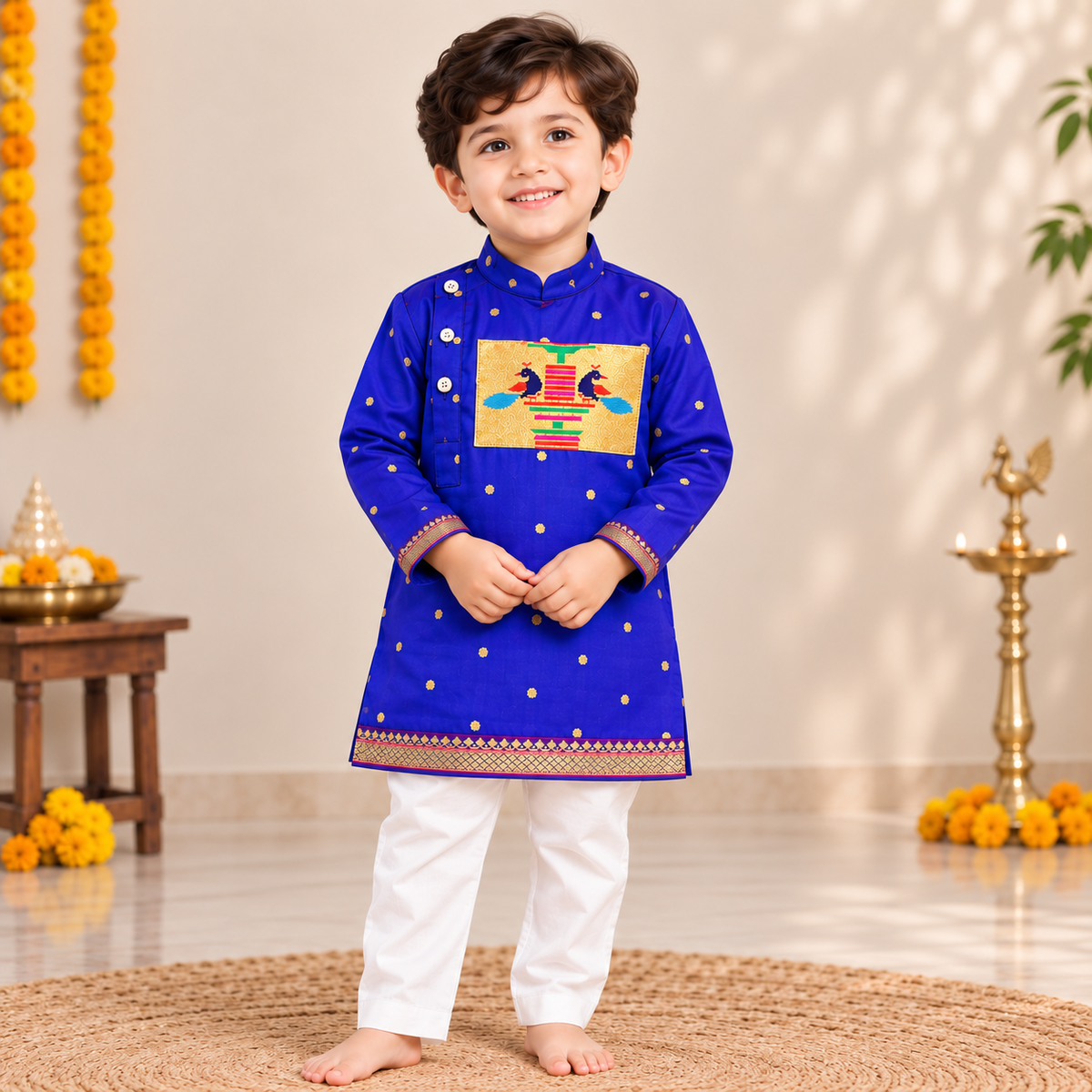 Royal Blue Paithani Silk Kurta Pajama for Boys