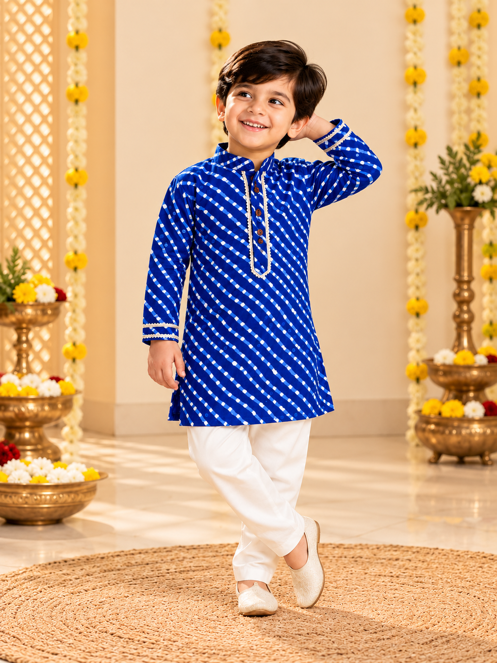 Royal Blue Lehriya Cotton Kurta Pajama for Boys | 0-7 Years