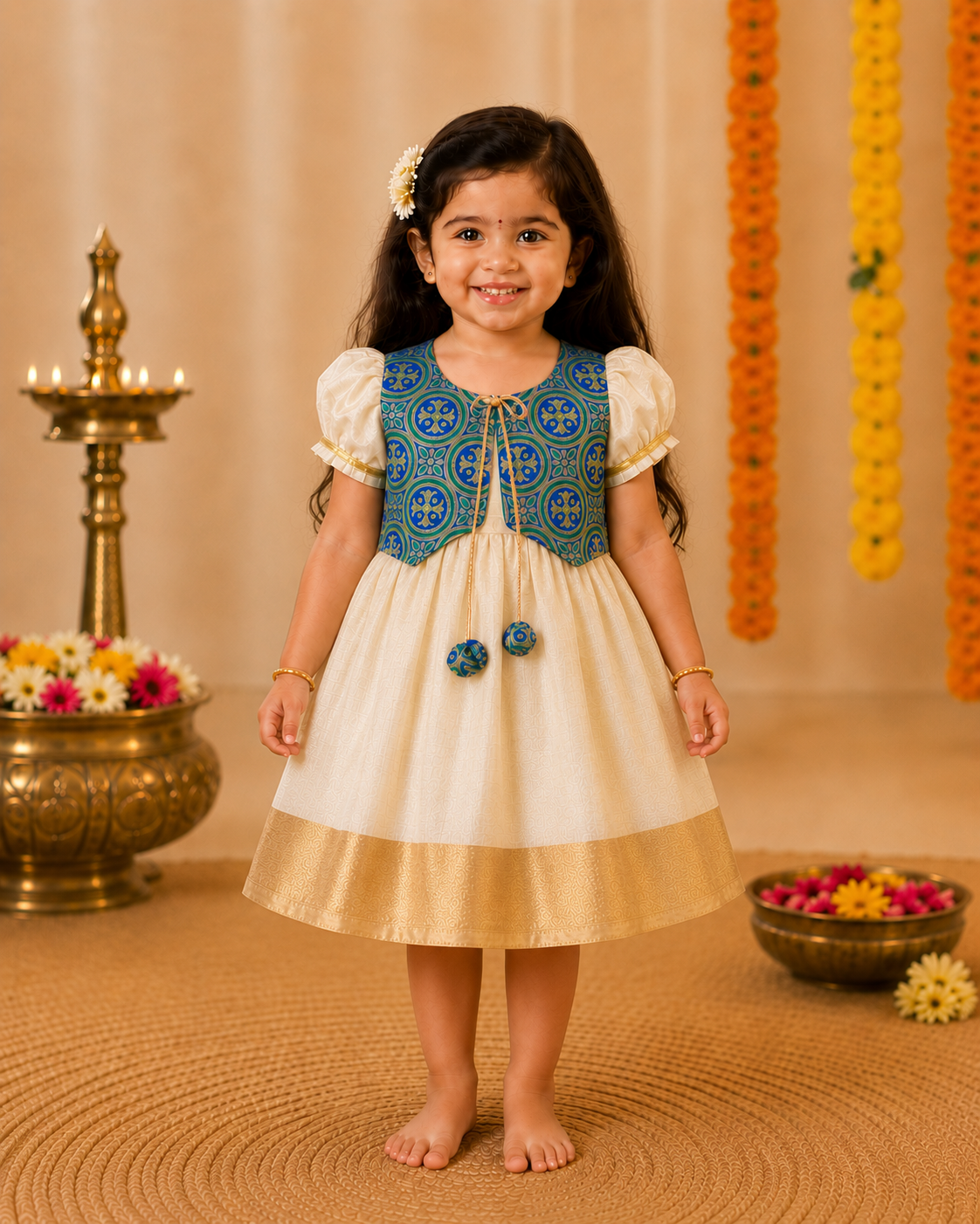 Cream Kasavu Silk Frock with Sea Green Jacket for Girls