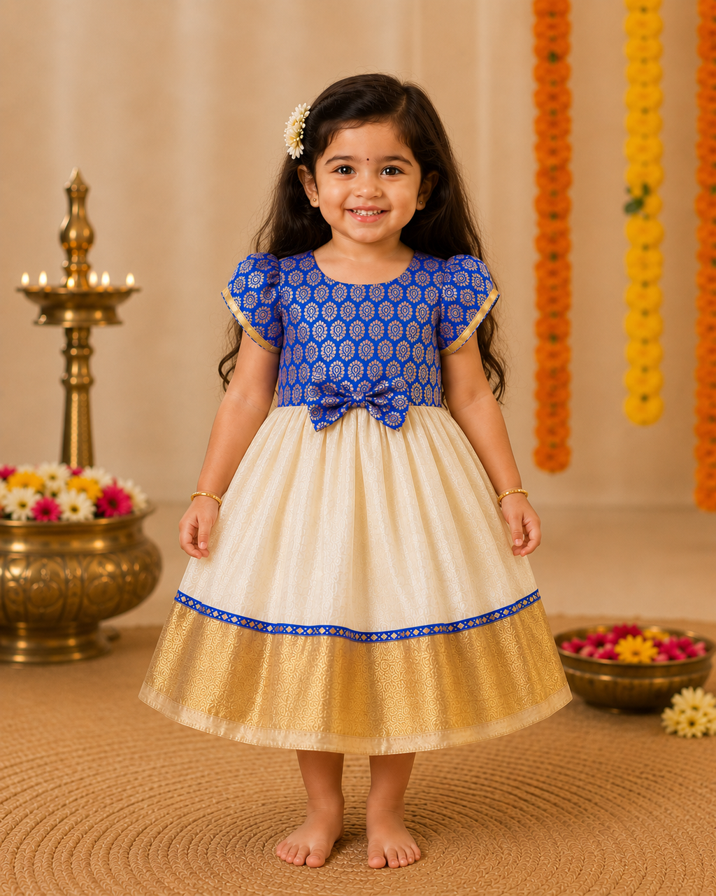 Cream Kasavu & Royal Blue Banarsi Brocade Silk Frock for Girls