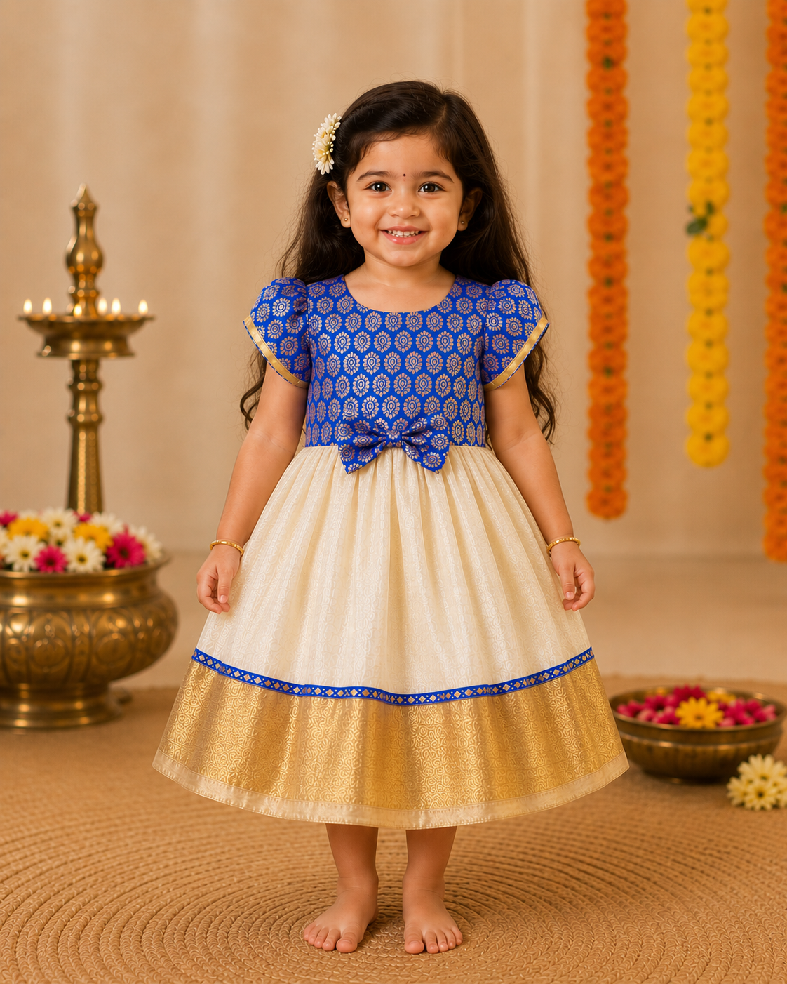 Cream Kasavu & Royal Blue Banarsi Brocade Silk Frock for Girls