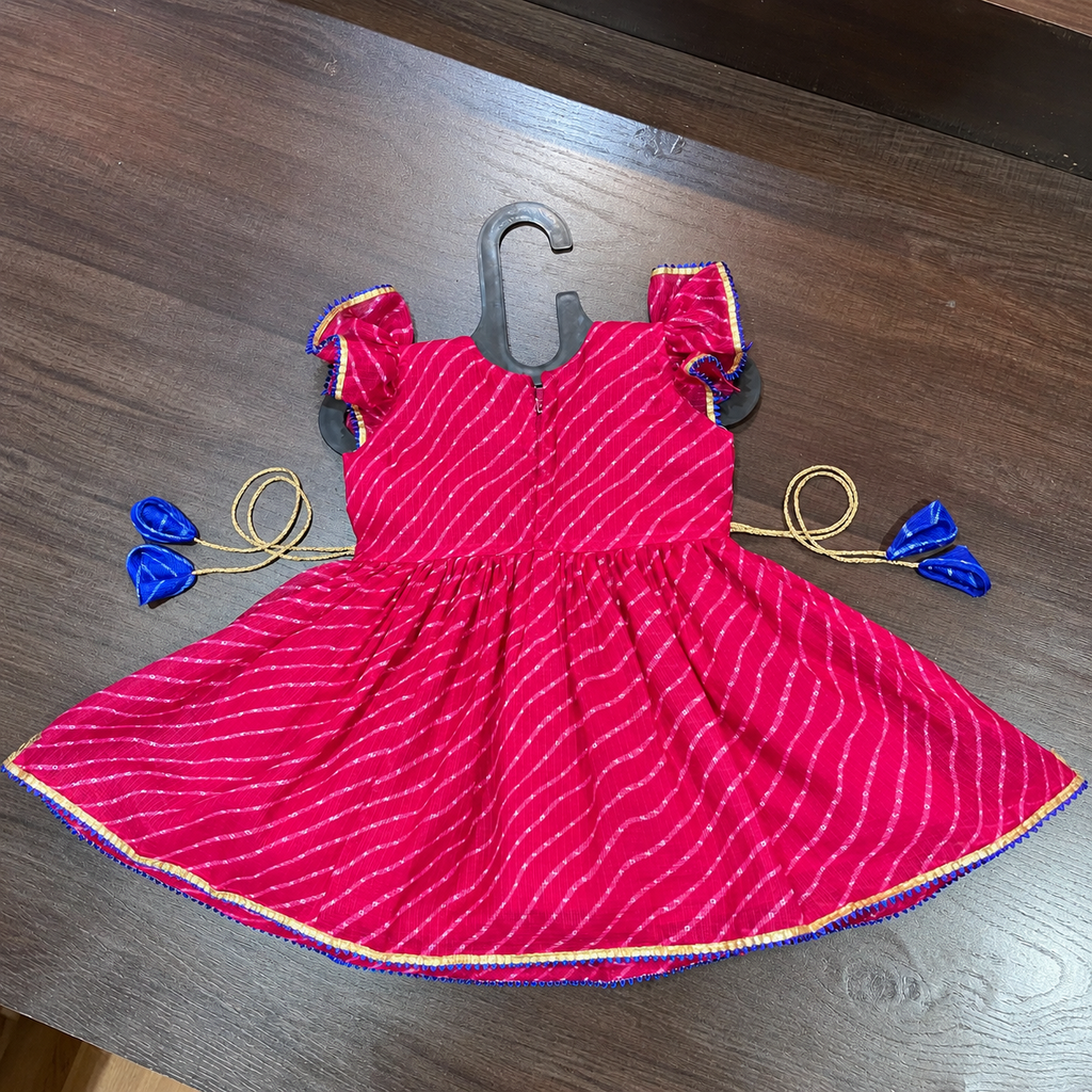 Rani Pink Lehriya Print Frock with Gotta Patti Border for Girls