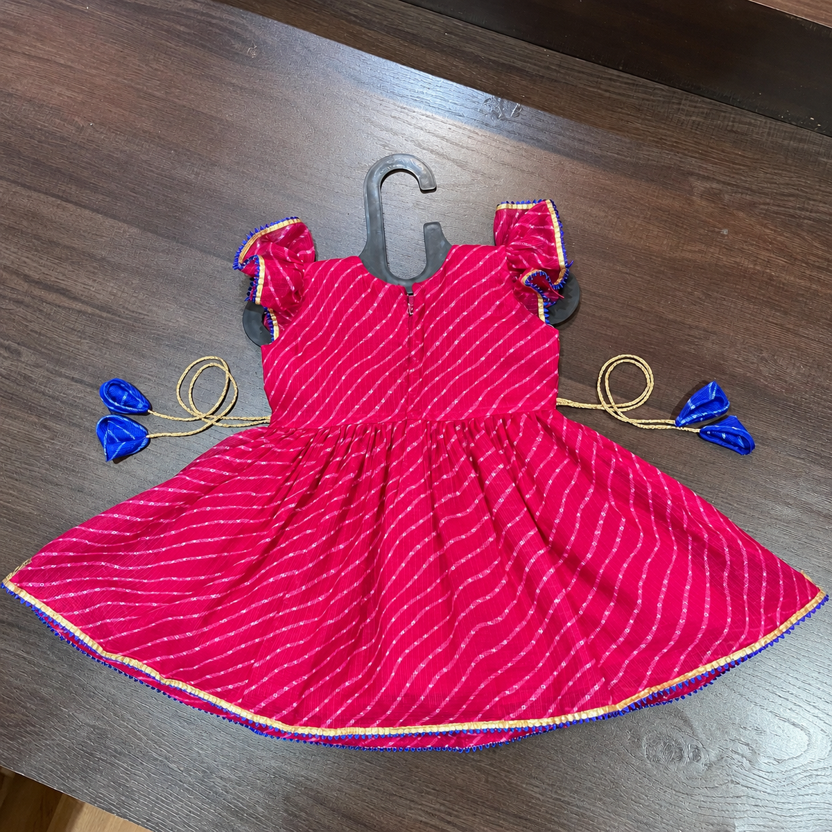 Rani Pink Lehriya Print Frock with Gotta Patti Border for Girls