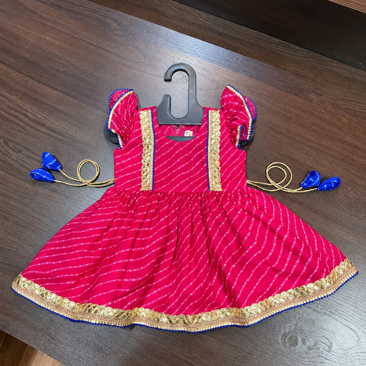 Rani Pink Lehriya Print Frock with Gotta Patti Border for Girls