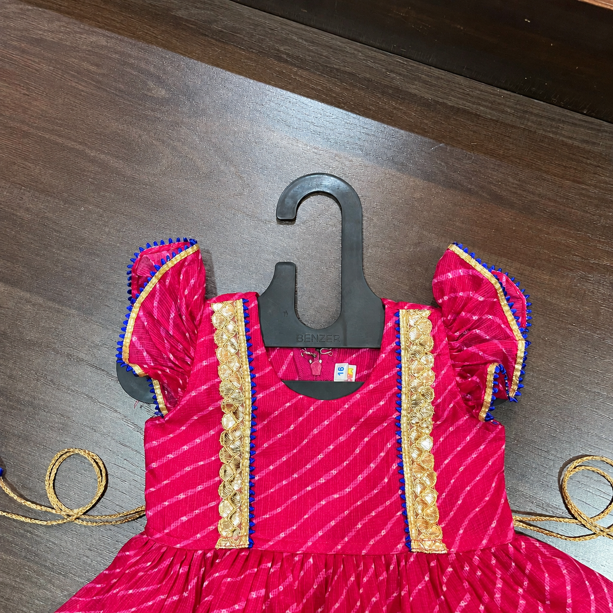 Rani Pink Lehriya Print Frock with Gotta Patti Border for Girls