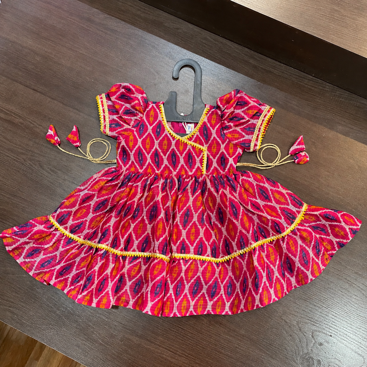 Rani Pink Angrakha Frock with Gotta Patti Border for Girls