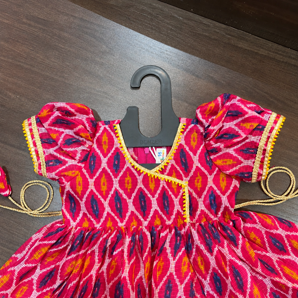 Rani Pink Angrakha Frock with Gotta Patti Border for Girls