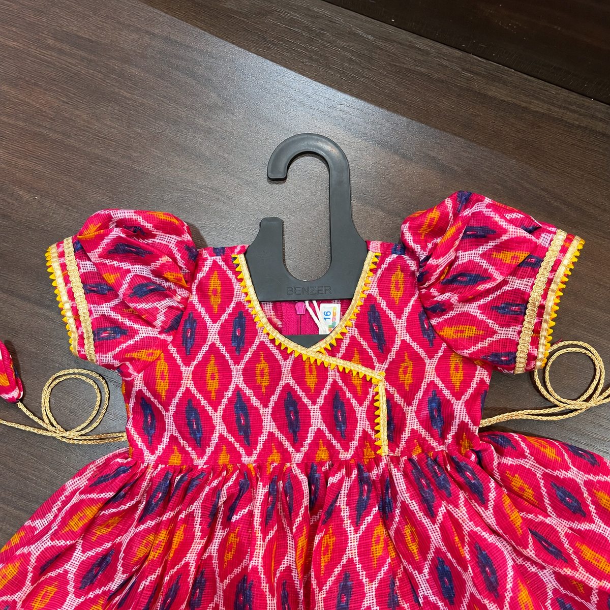 Rani Pink Angrakha Frock with Gotta Patti Border for Girls