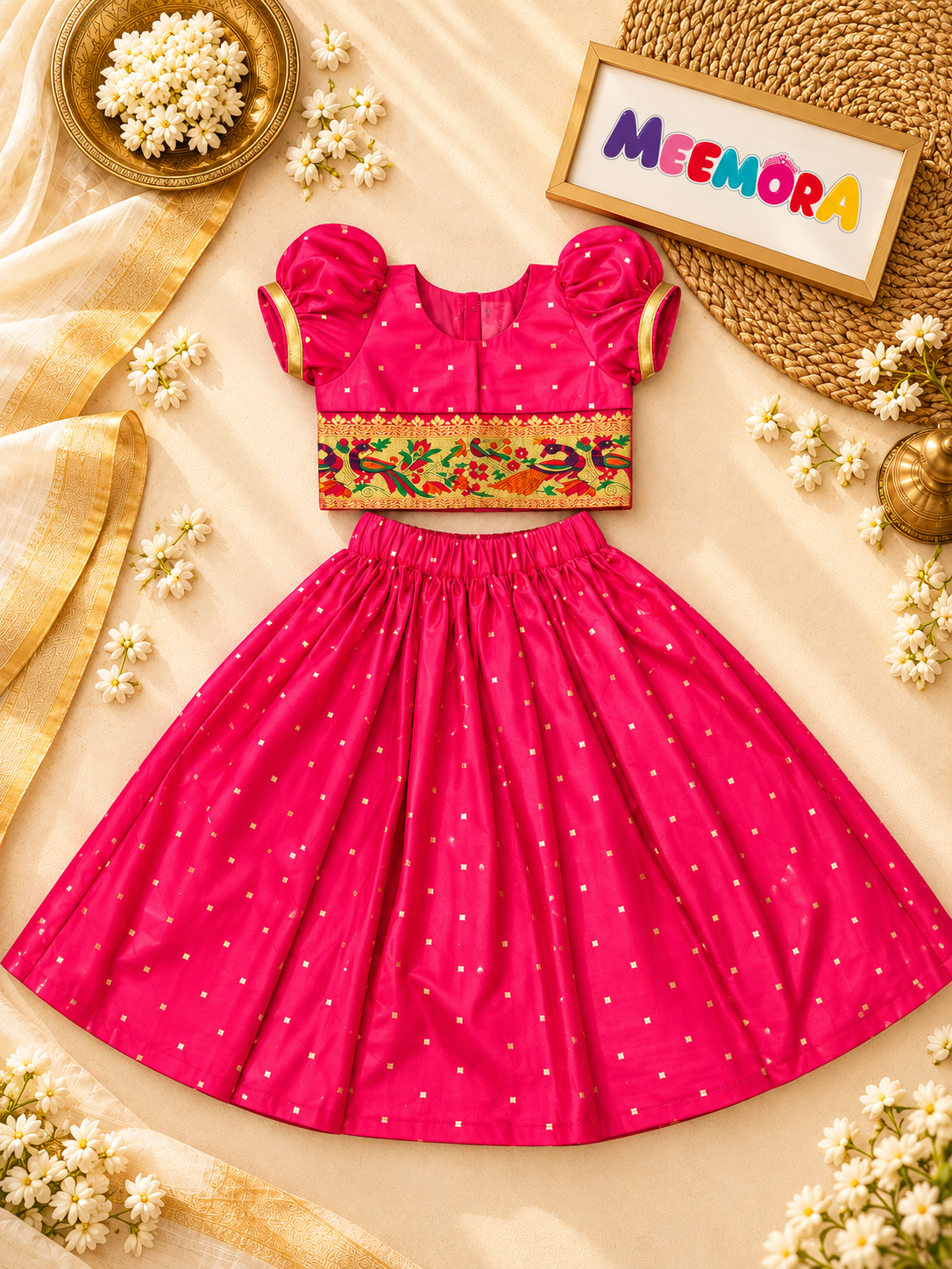 Ranipink Twotoned Paithani Silk Skirt & Blouse Set for Girls | 1-8 Years