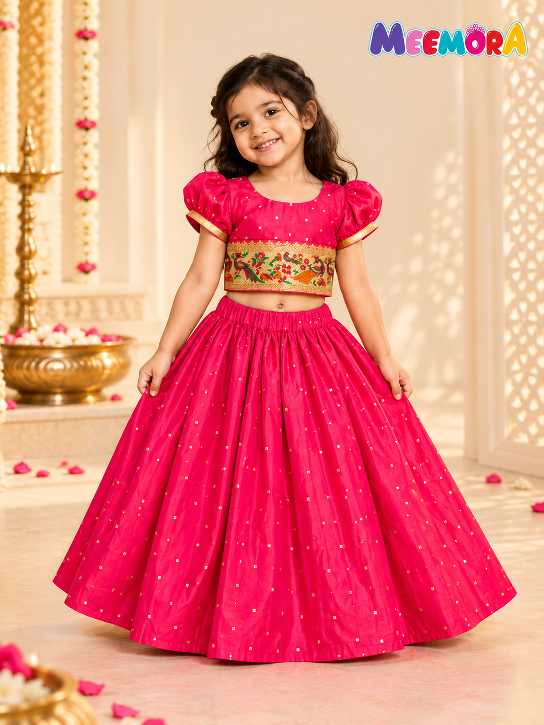 Ranipink Twotoned Paithani Silk Skirt & Blouse Set for Girls | 1-8 Years