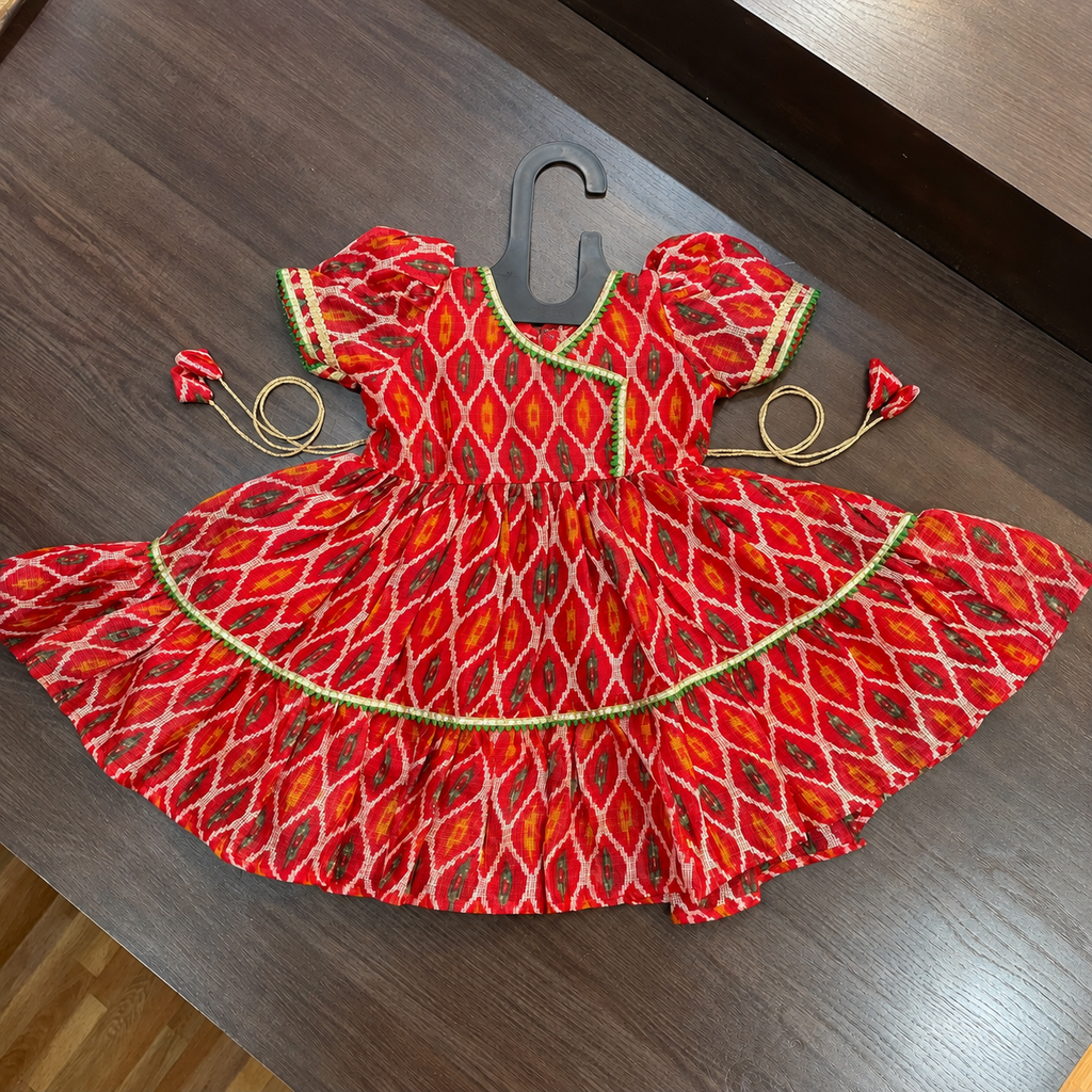 Red Angrakha Frock with Gotta Patti Border for Girls