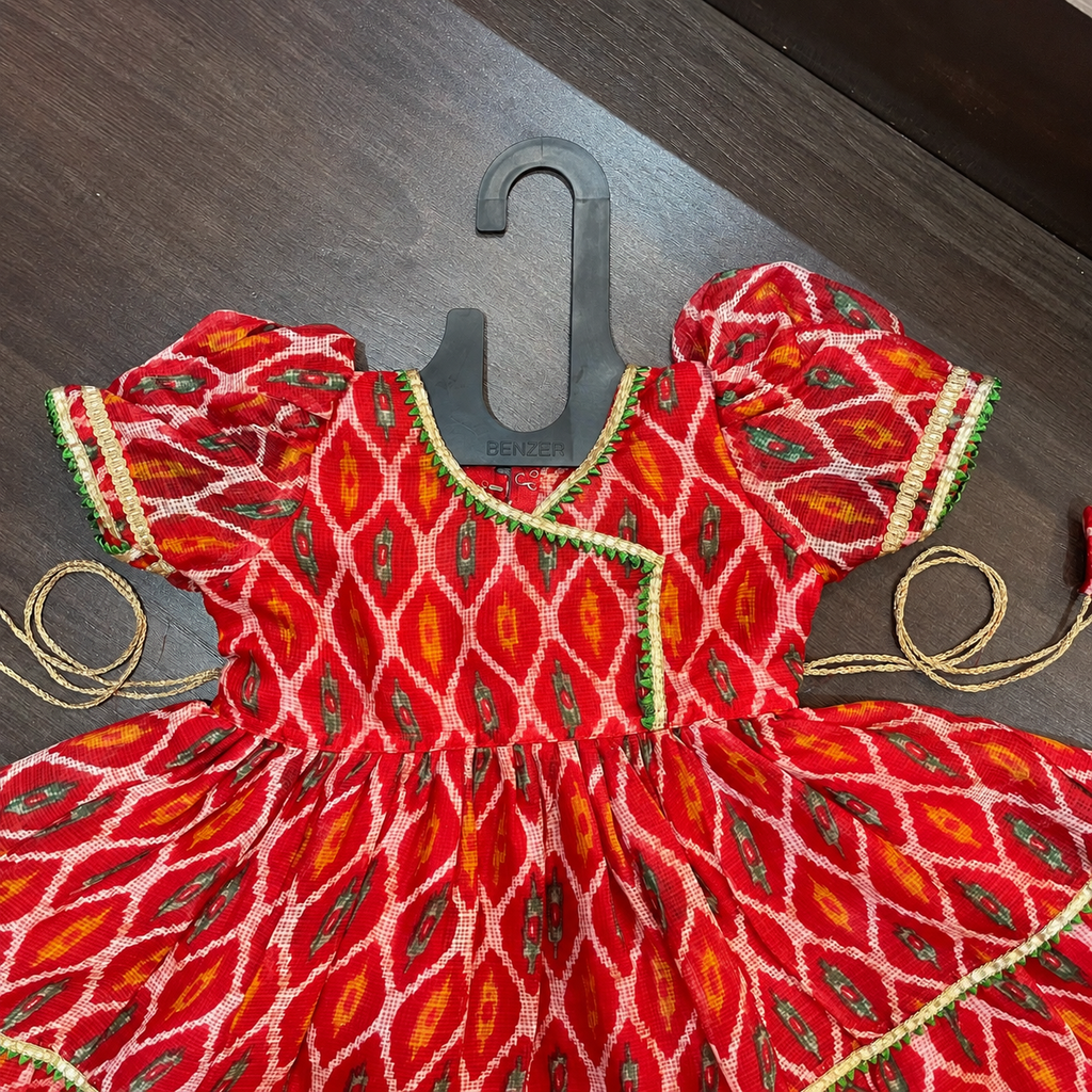 Red Angrakha Frock with Gotta Patti Border for Girls
