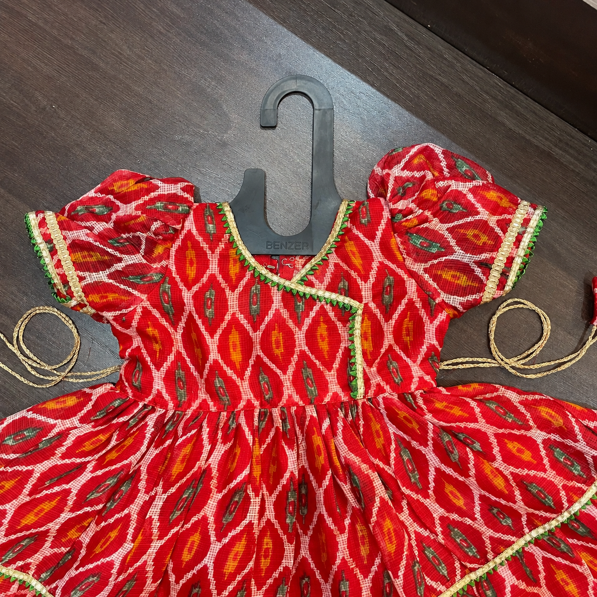 Red Angrakha Frock with Gotta Patti Border for Girls