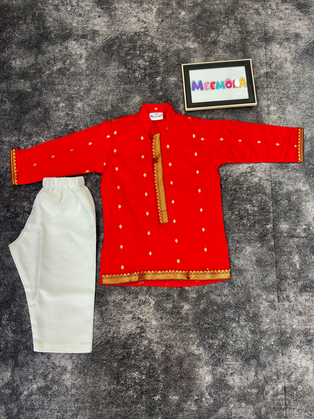 Red Silk Paithani Butti Silk Kurta Pajama for Boys