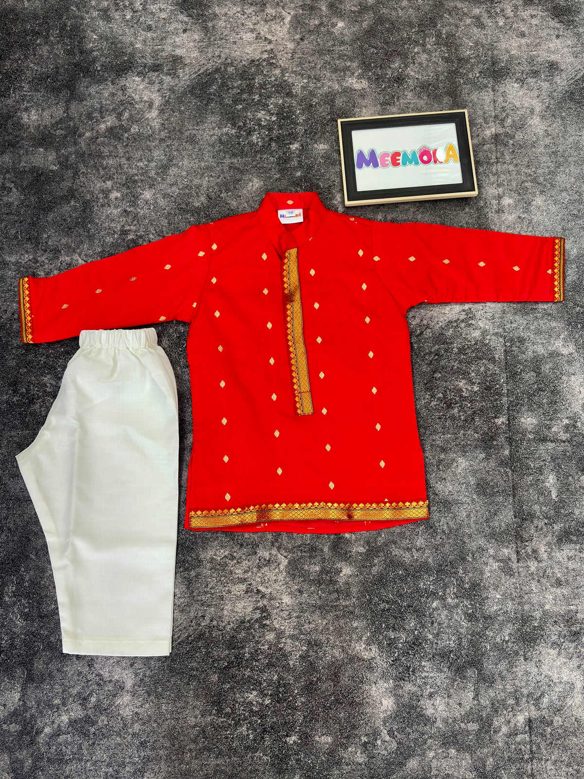 Red Silk Paithani Butti Silk Kurta Pajama for Boys
