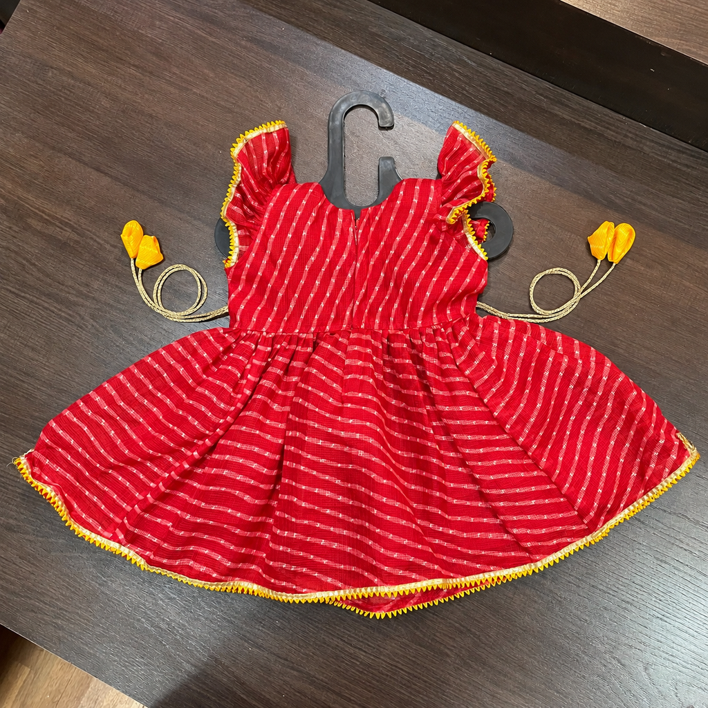 Red Lehriya Print Frock Dress with Gotta Patti Border for Girls