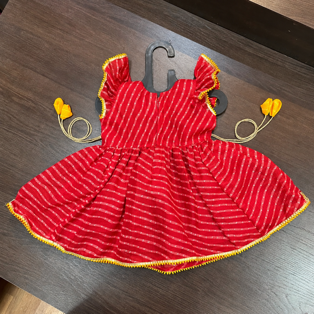 Red Lehriya Print Frock Dress with Gotta Patti Border for Girls