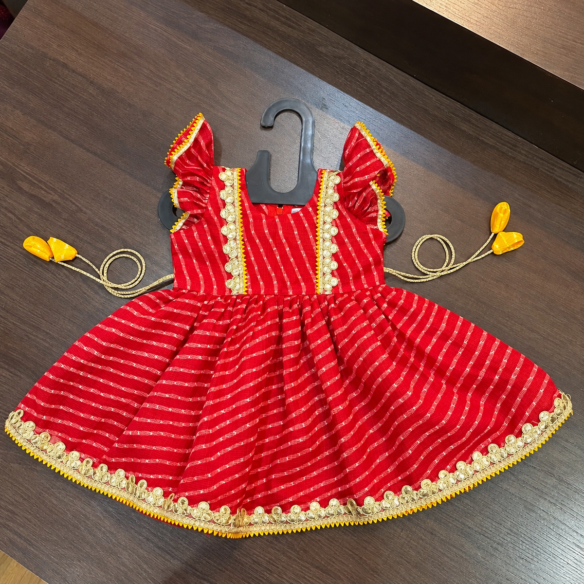 Red Lehriya Print Frock Dress with Gotta Patti Border for Girls