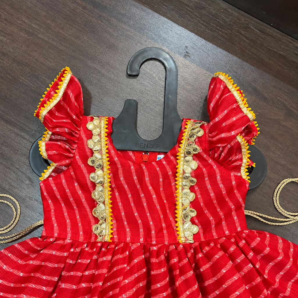 Red Lehriya Print Frock Dress with Gotta Patti Border for Girls
