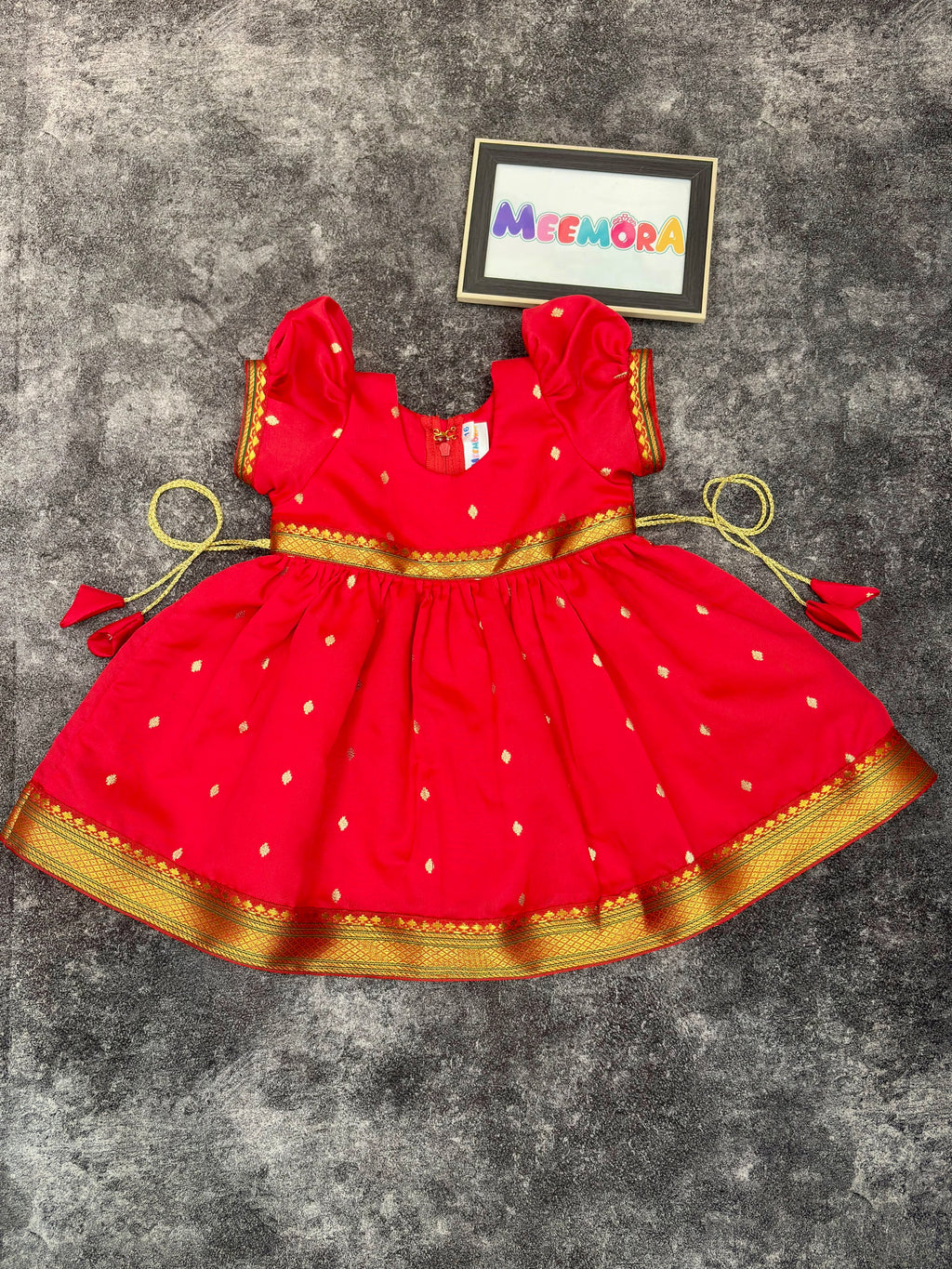 Red Paithani Butti Silk Frock for Girls | 0–8 Years