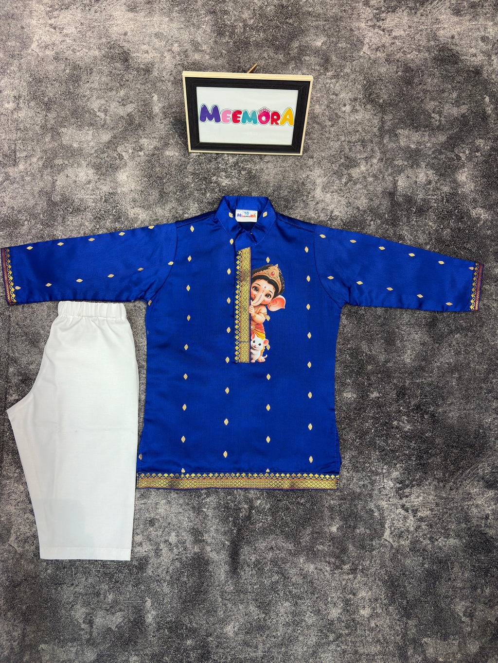 Royal Blue Silk Paithani Butti Ganpati Silk Kurta Pajama for Boys