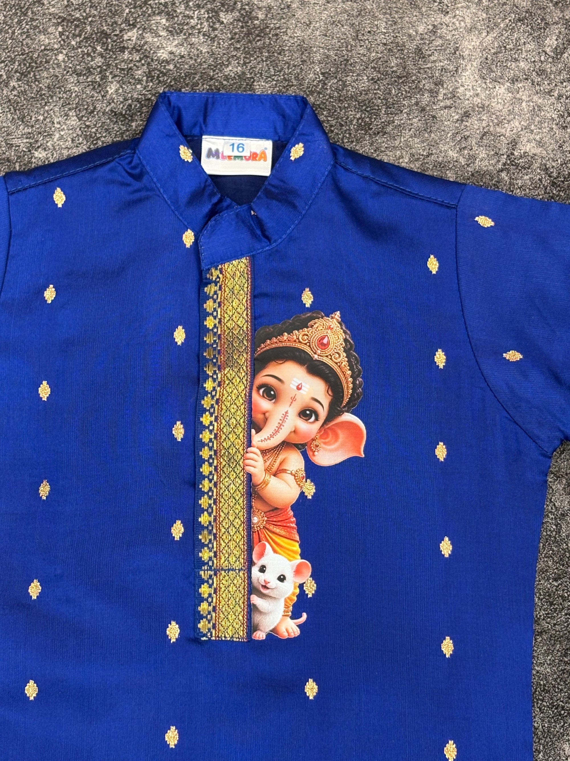 Royal Blue Silk Paithani Butti Ganpati Silk Kurta Pajama for Boys