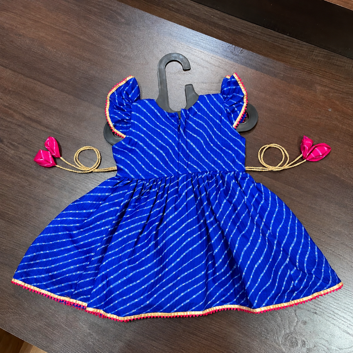 Royal Blue Lehriya Print Frock with Gotta Patti Border for Girls