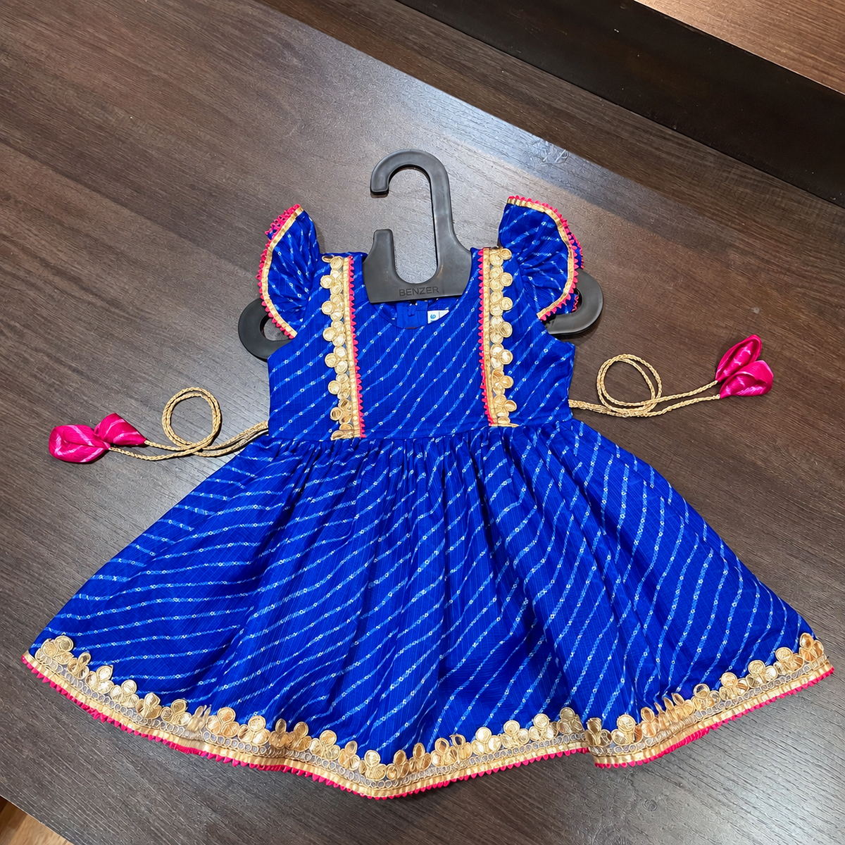 Royal Blue Lehriya Print Frock with Gotta Patti Border for Girls