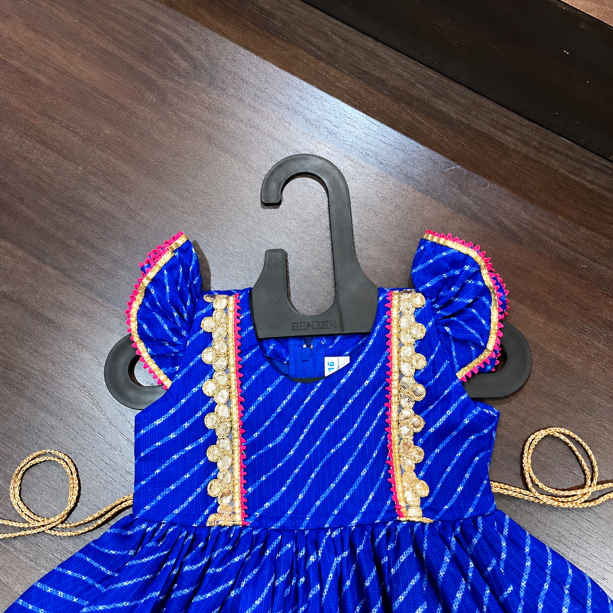 Royal Blue Lehriya Print Frock with Gotta Patti Border for Girls