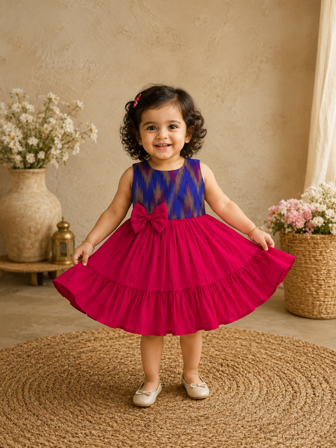 Royal Blue Ikat & Rani Pink Silk Frill Frock for Baby Girl