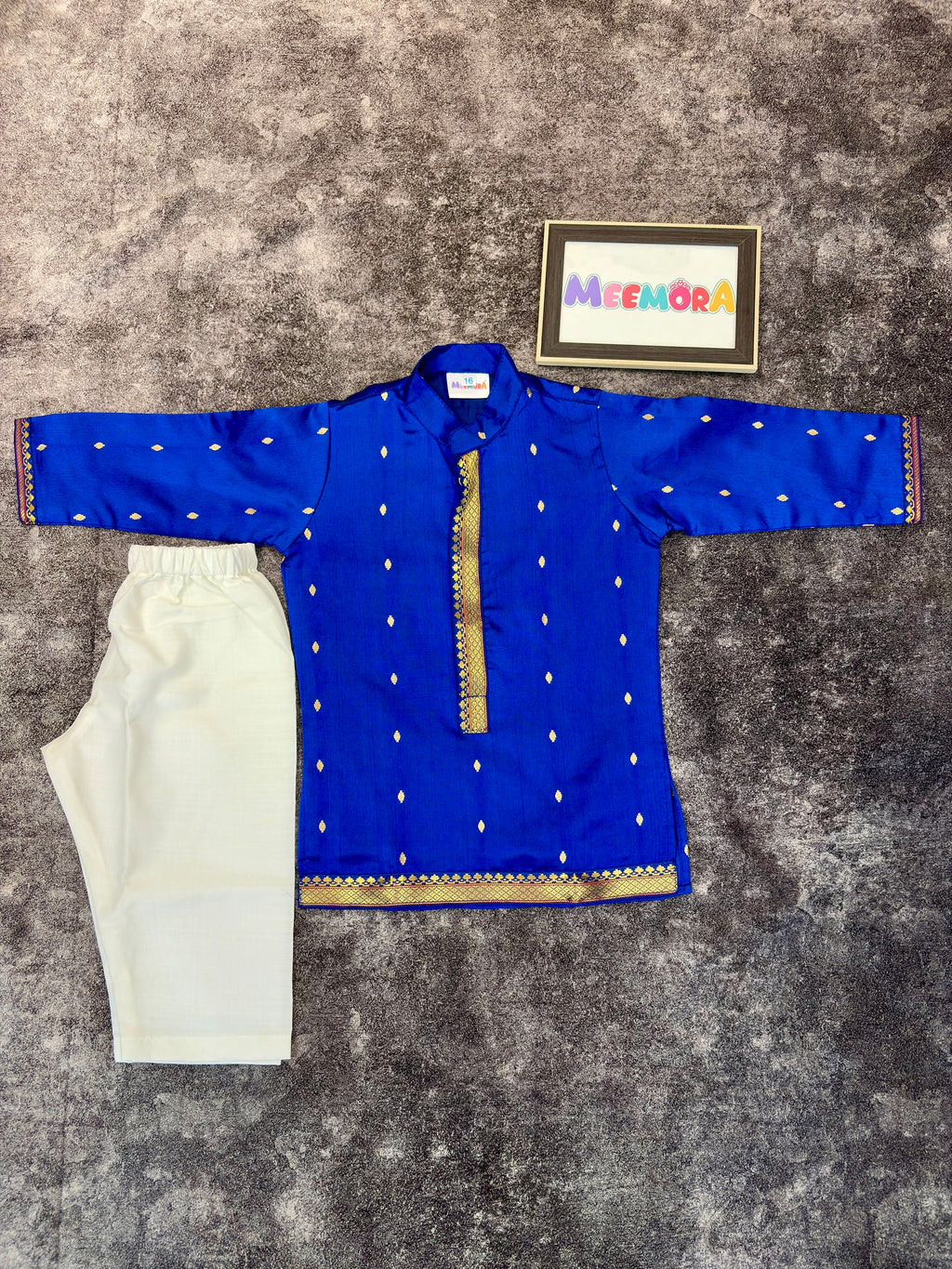 Royal Blue Silk Paithani Butti Silk Kurta Pajama for Boys