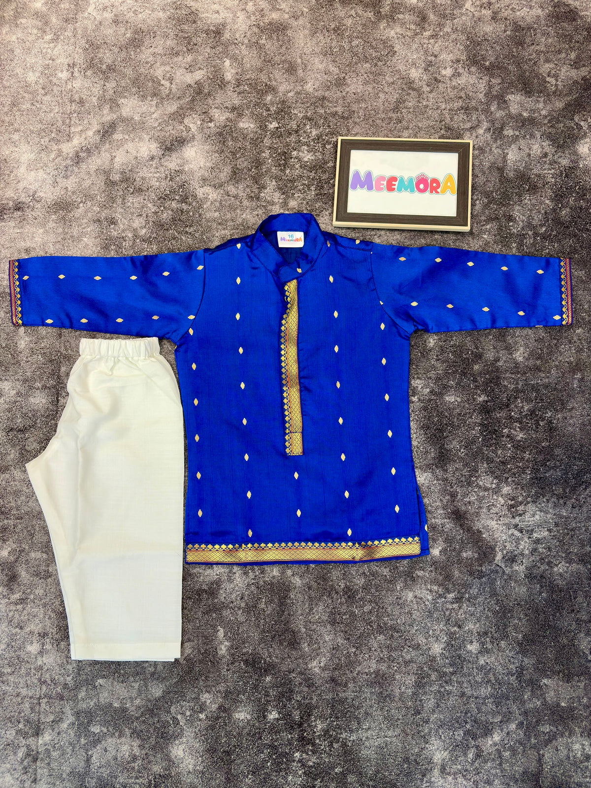 Royal Blue Silk Paithani Butti Silk Kurta Pajama for Boys