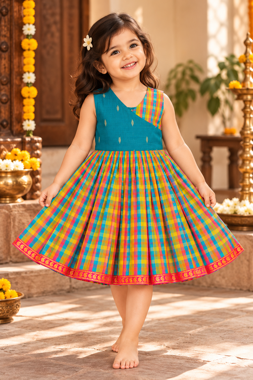 SeaGreen Checks Pattu Raw Silk Frock for Girls | 0–8 Years