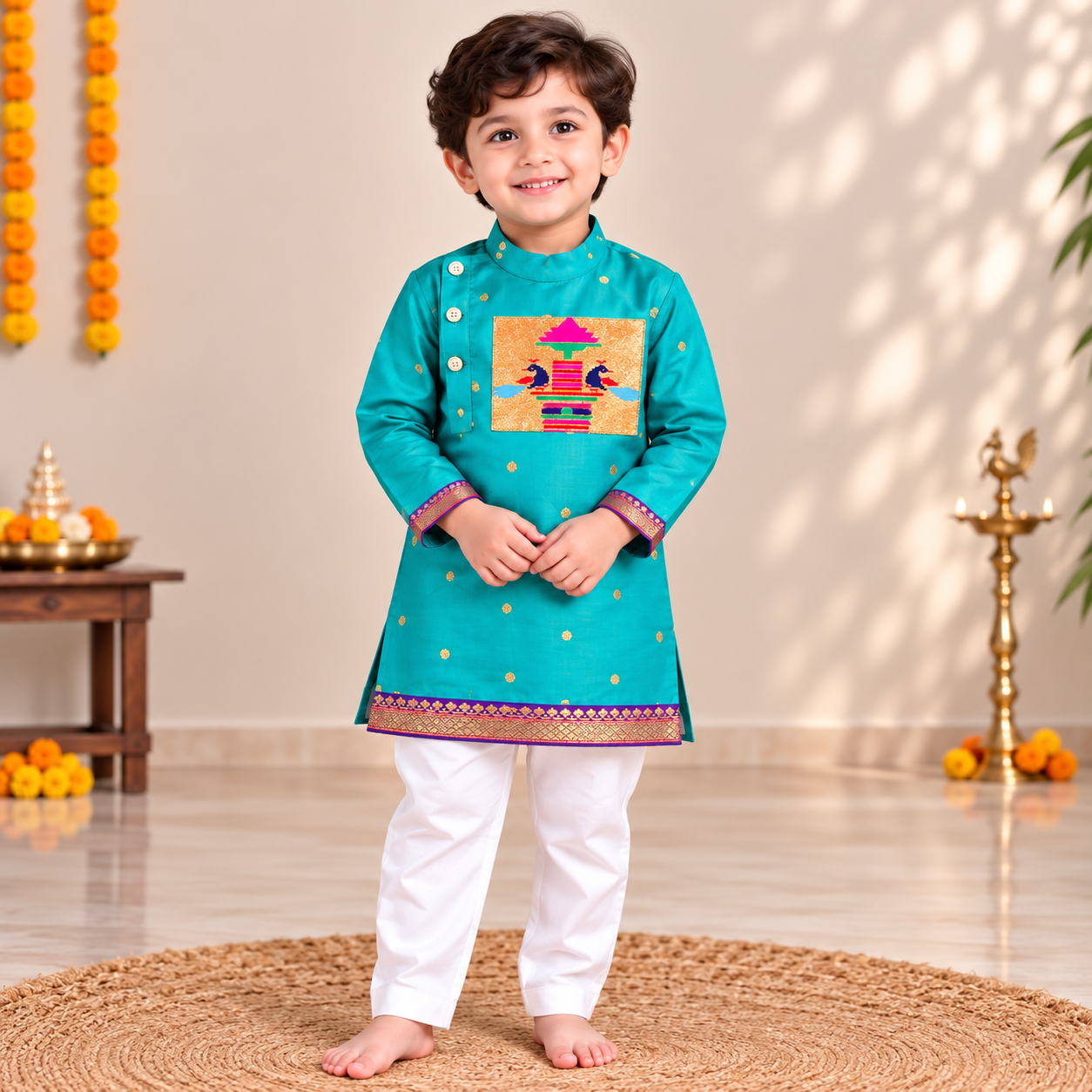 Sea Green Paithani Kurta Pajama for Boys